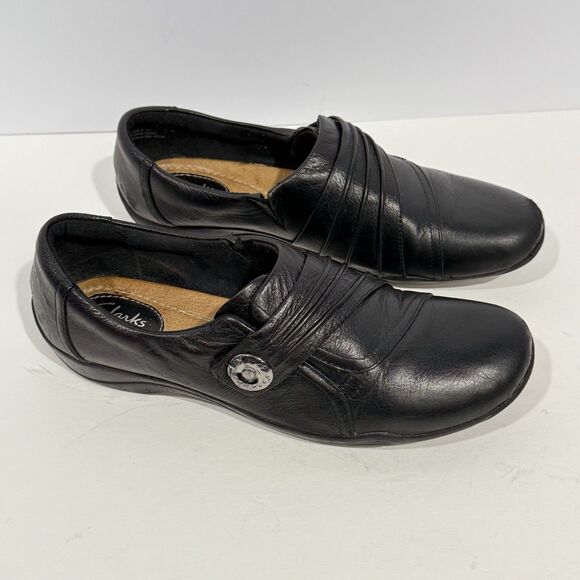 Womens 8.5 M Clarks Artisan Kessa Alcove 26102319 Black Leather Slip On Loafers - Picture 1 of 16
